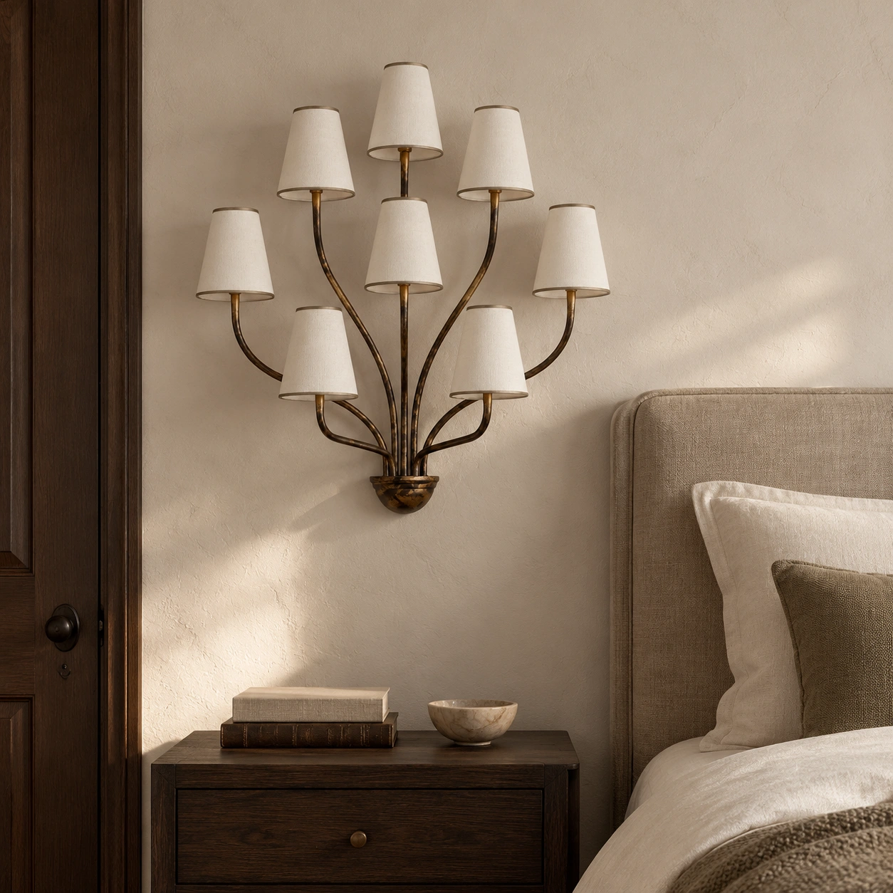 Eight-arm wrought iron wall sconce beside a bed