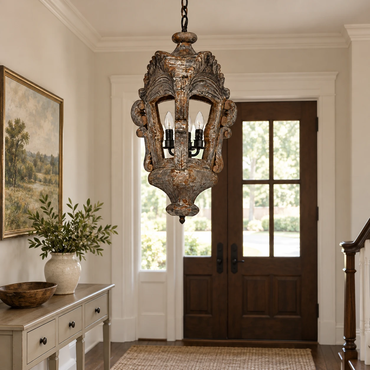 Elora lantern pendant in a modest American entry foyer