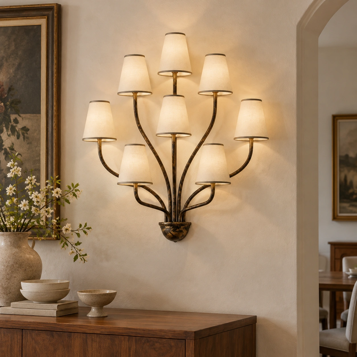 Wrought iron wall sconce in a dining room