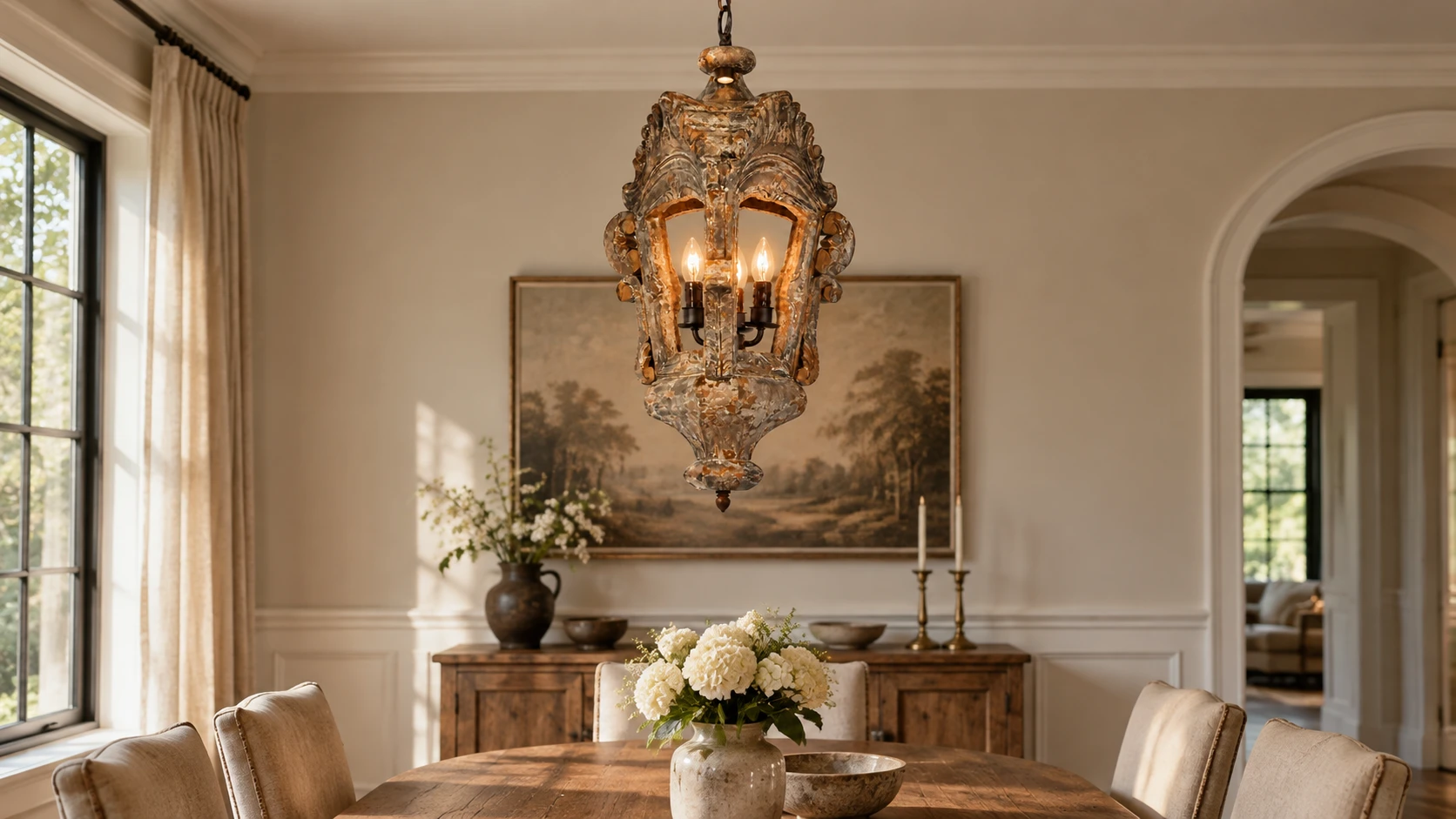Elora lantern pendant centered above a family dining table