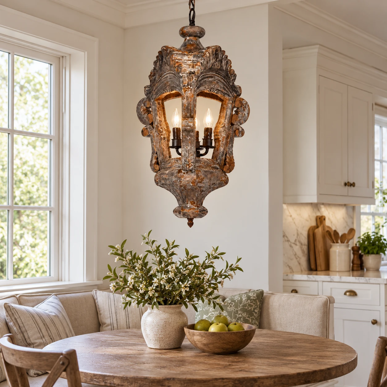 Elora lantern pendant above a lived-in breakfast nook
