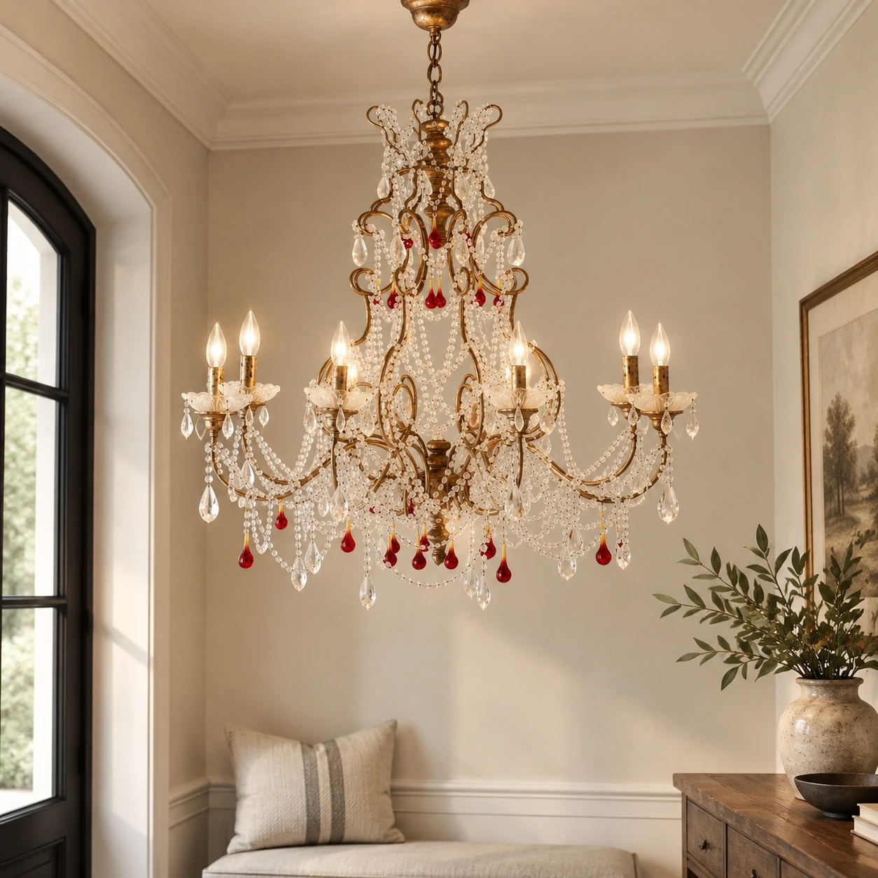 Mara French Vintage Relief Floral Ceramic Wood Pendant Light over a compact study corner