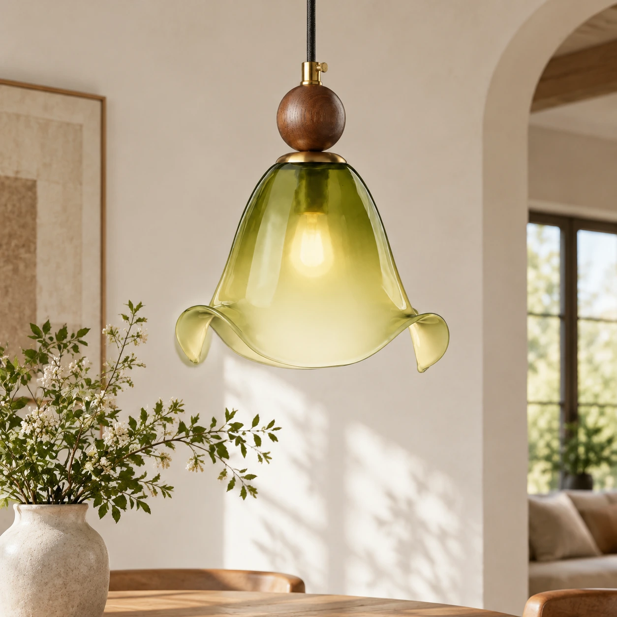 Finn Vintage Floral Walnut Wood and Metal Pendant Light - generated room or specification view