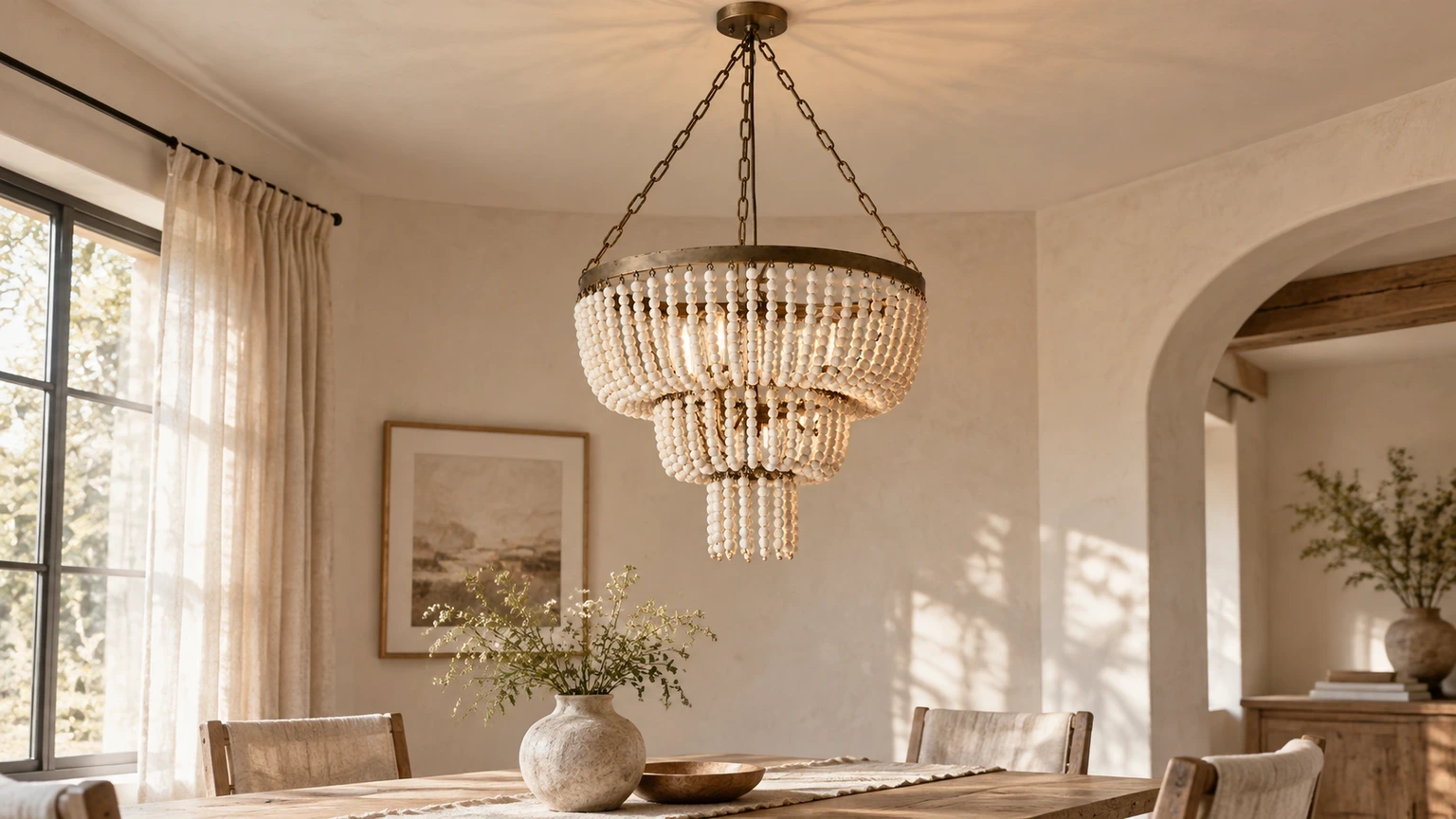Mara French Vintage Relief Floral Ceramic Wood Pendant Light in a bright bedroom setting