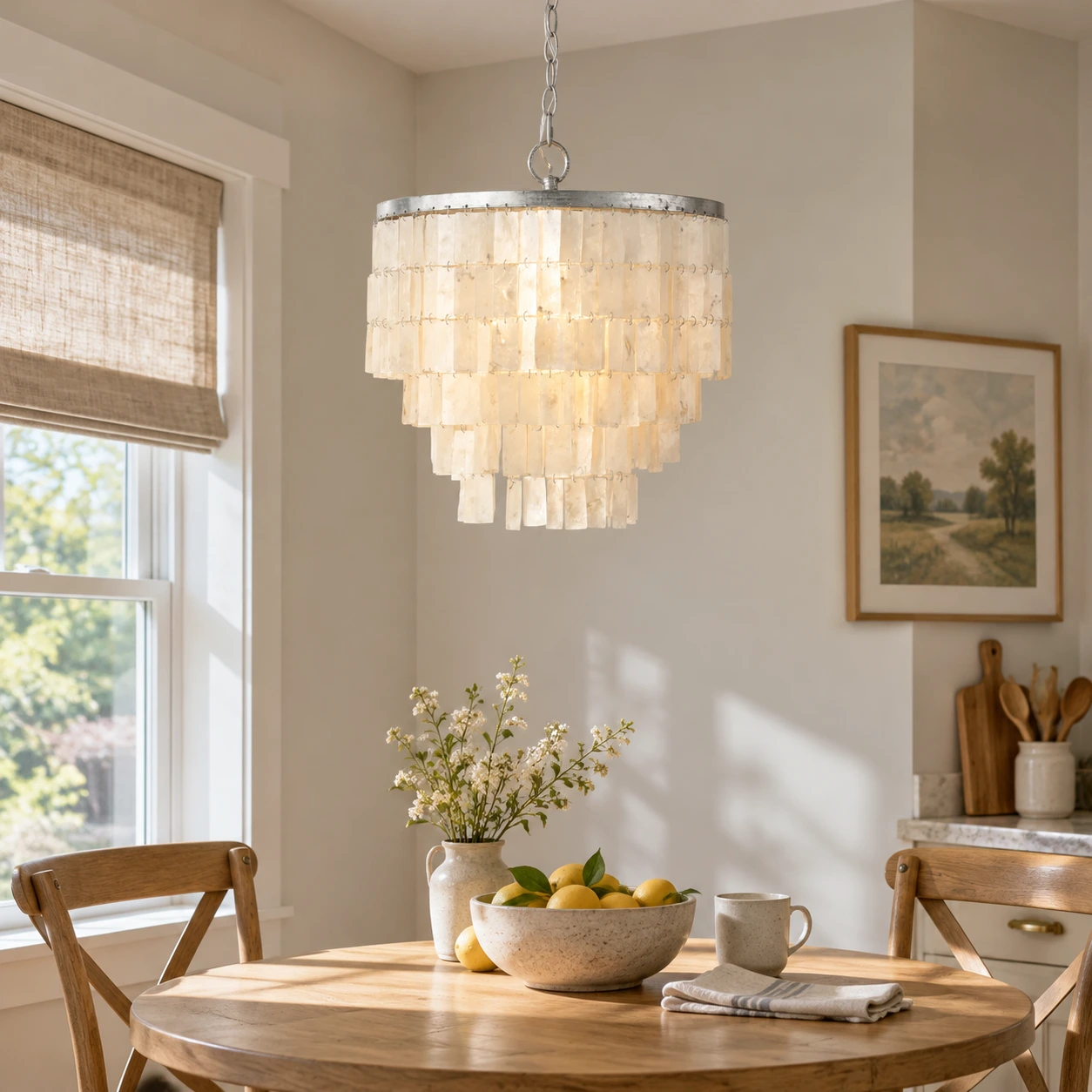 Tiered shell chandelier above a breakfast nook