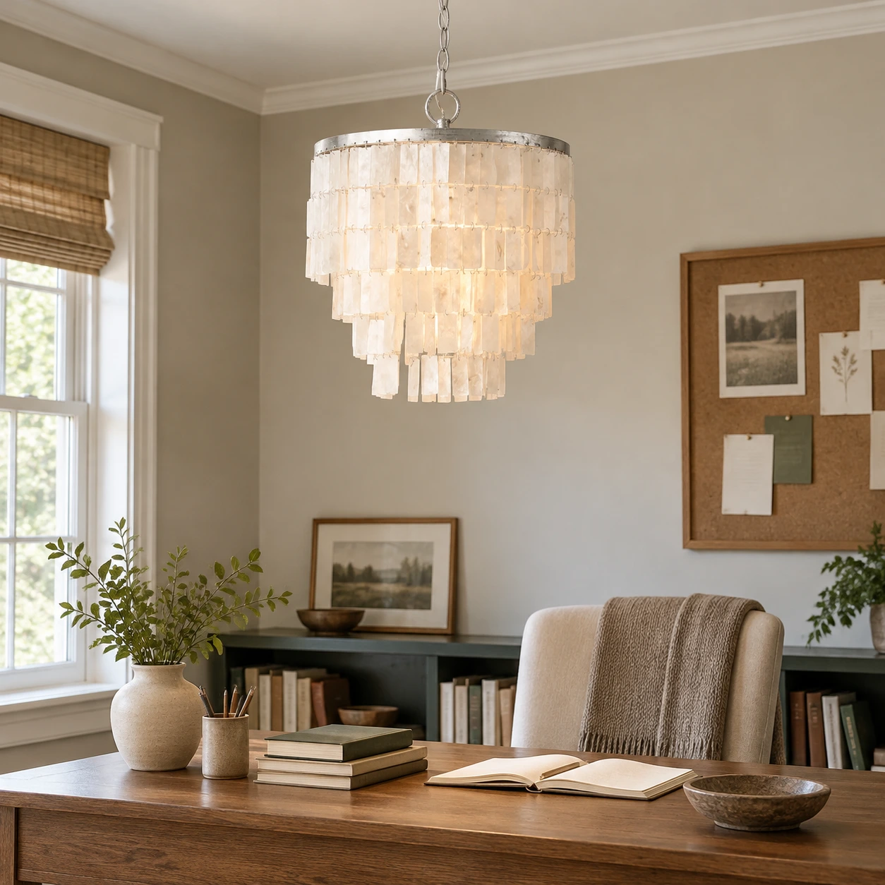 Tiered shell chandelier above a study desk
