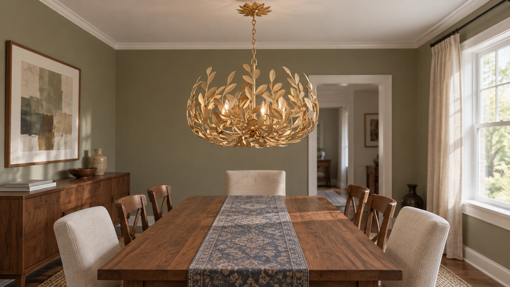 Gold leaf-wreath iron chandelier above a walnut dining table