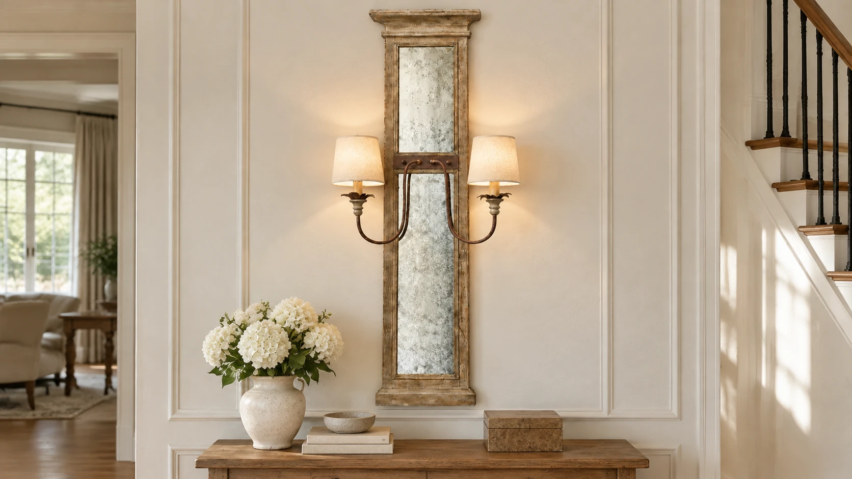 Marlow rustic wood backplate wall sconce centered above an American entry console