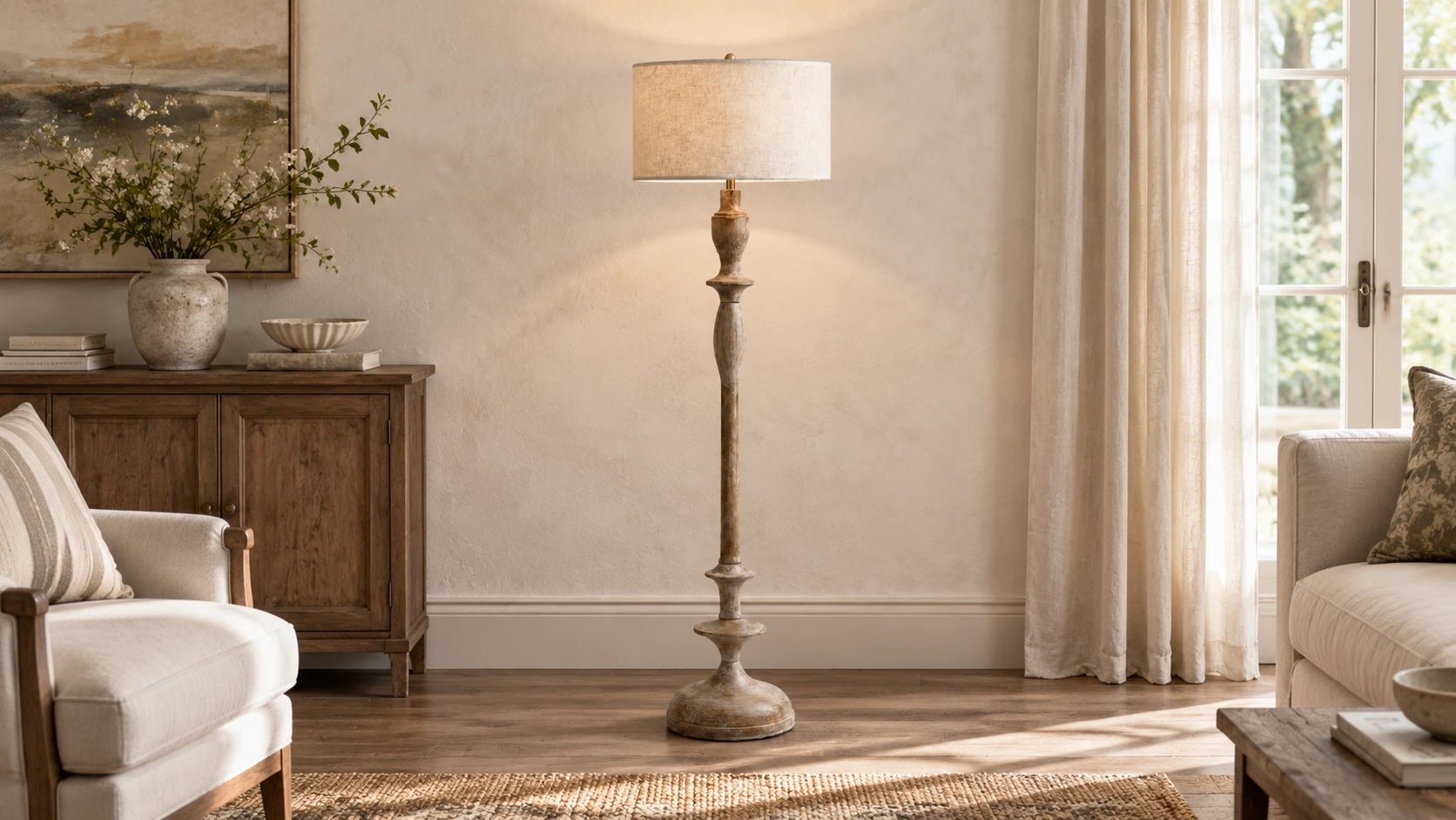 Camille turned-wood linen floor lamp in a collected living room