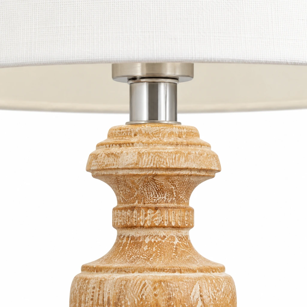 Elodie French Country Carved Wood and Fabric Table Lamp verified structural connection detail