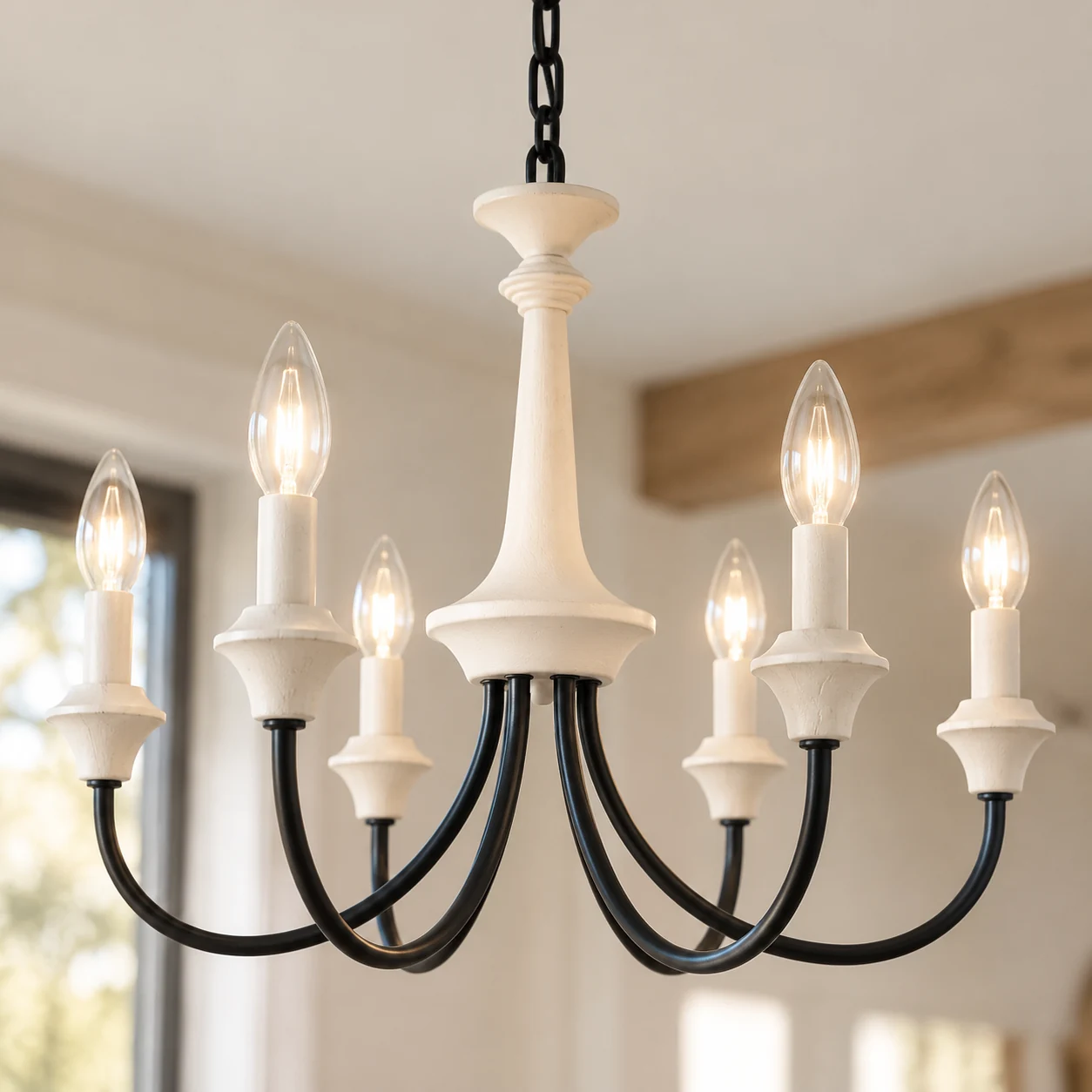 Willa Rustic Candle-Arm Wood and Iron Chandelier - detail-6-arm-join
