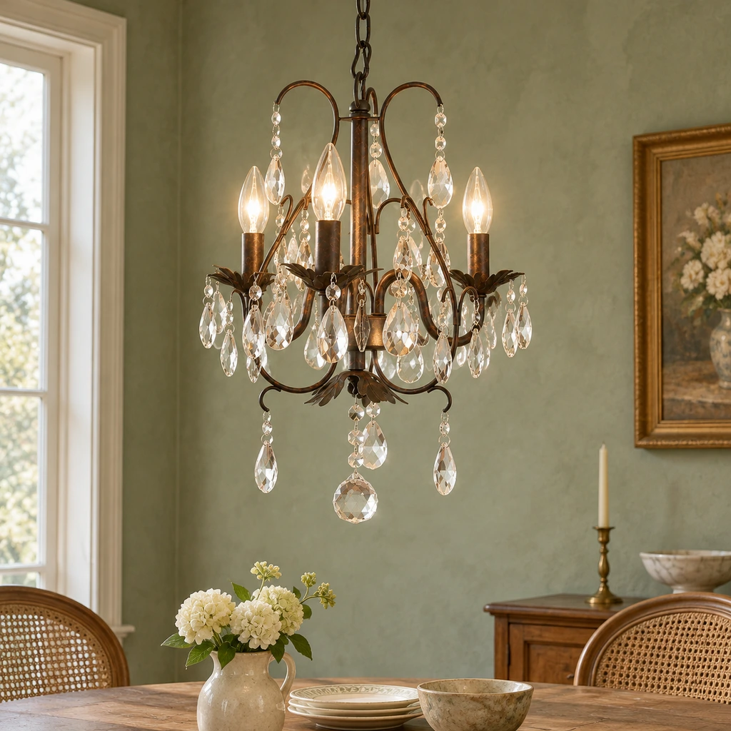Rowan American Vintage Crystal-Drop Iron and Crystal Chandelier in dining room with muted sage plaster