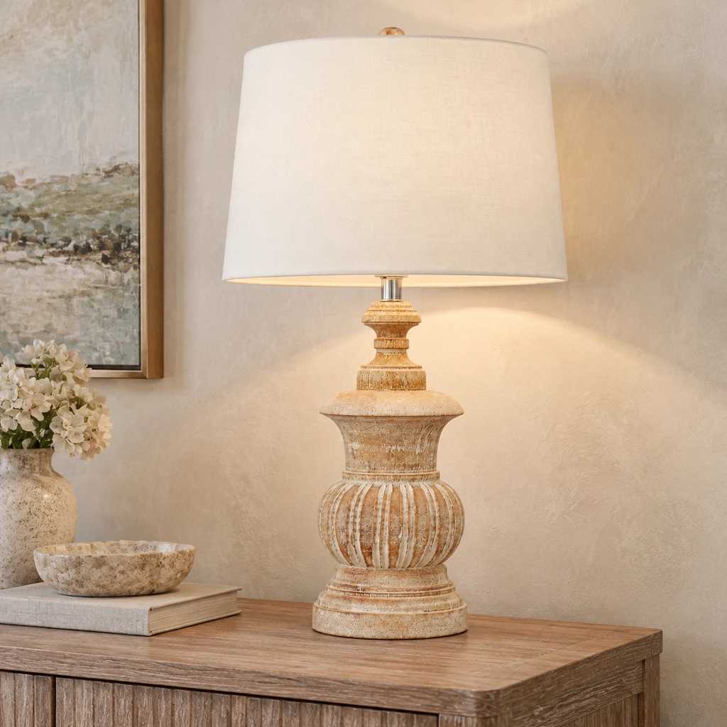 Elodie French Country Carved Wood and Fabric Table Lamp in console vignette with pale limewash wall
