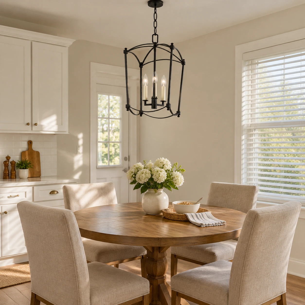 Mabel matte black birdcage chandelier above a breakfast nook in an ordinary American home