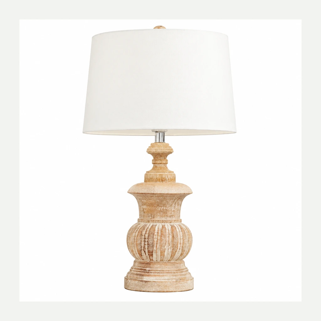 Elodie French Country Carved Wood and Fabric Table Lamp complete switched-off product view