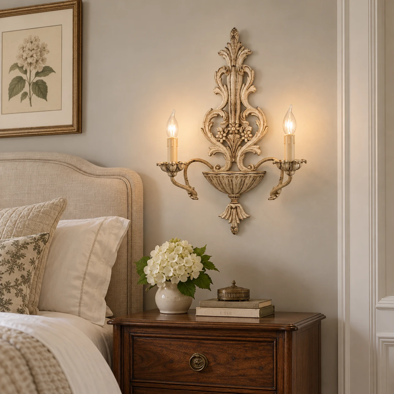 Vintage Wood two-light carved wall sconce in a traditional bedroom