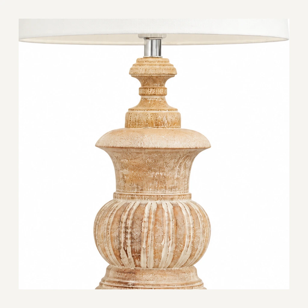 Elodie French Country Carved Wood and Fabric Table Lamp verified material and finish detail