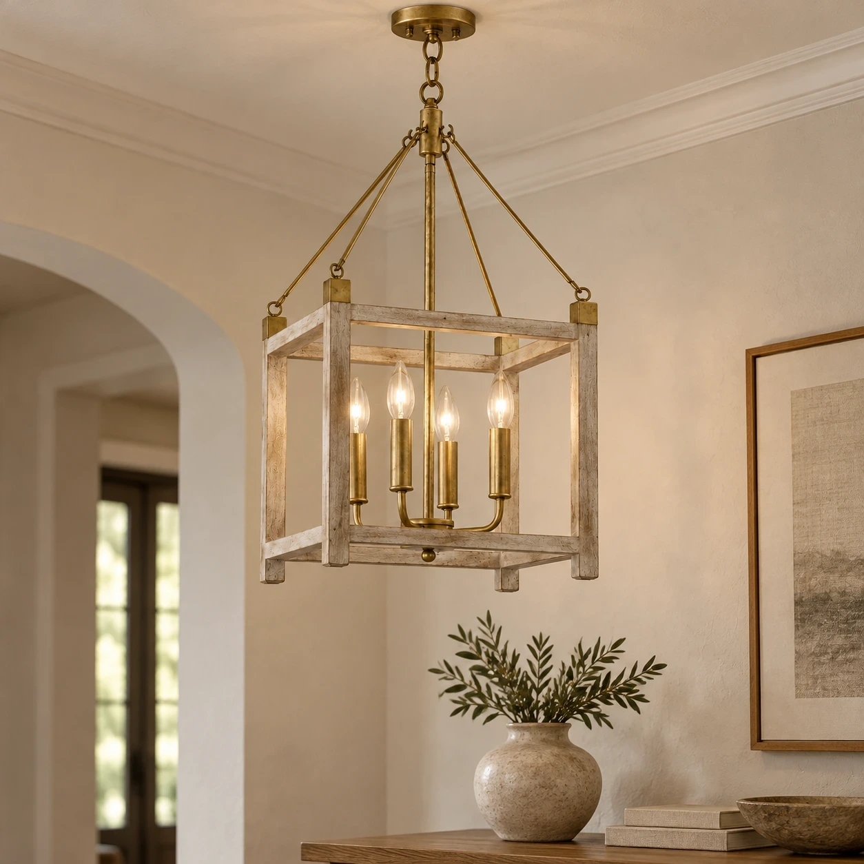 Mara French Vintage Relief Floral Ceramic Wood Pendant Light in a refined entryway