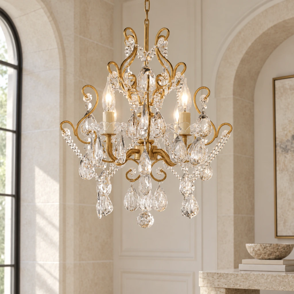 Celeste European Vintage Scrollwork Iron and Crystal Chandelier in pale limestone foyer without a visible door