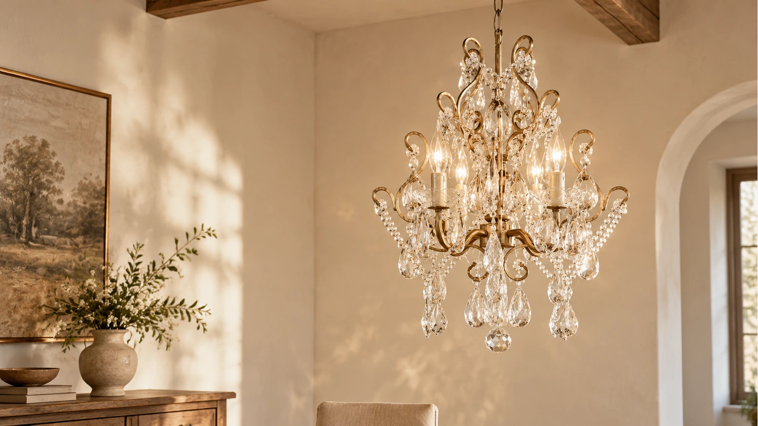 Celeste European Vintage Scrollwork Iron and Crystal Chandelier editorial room banner