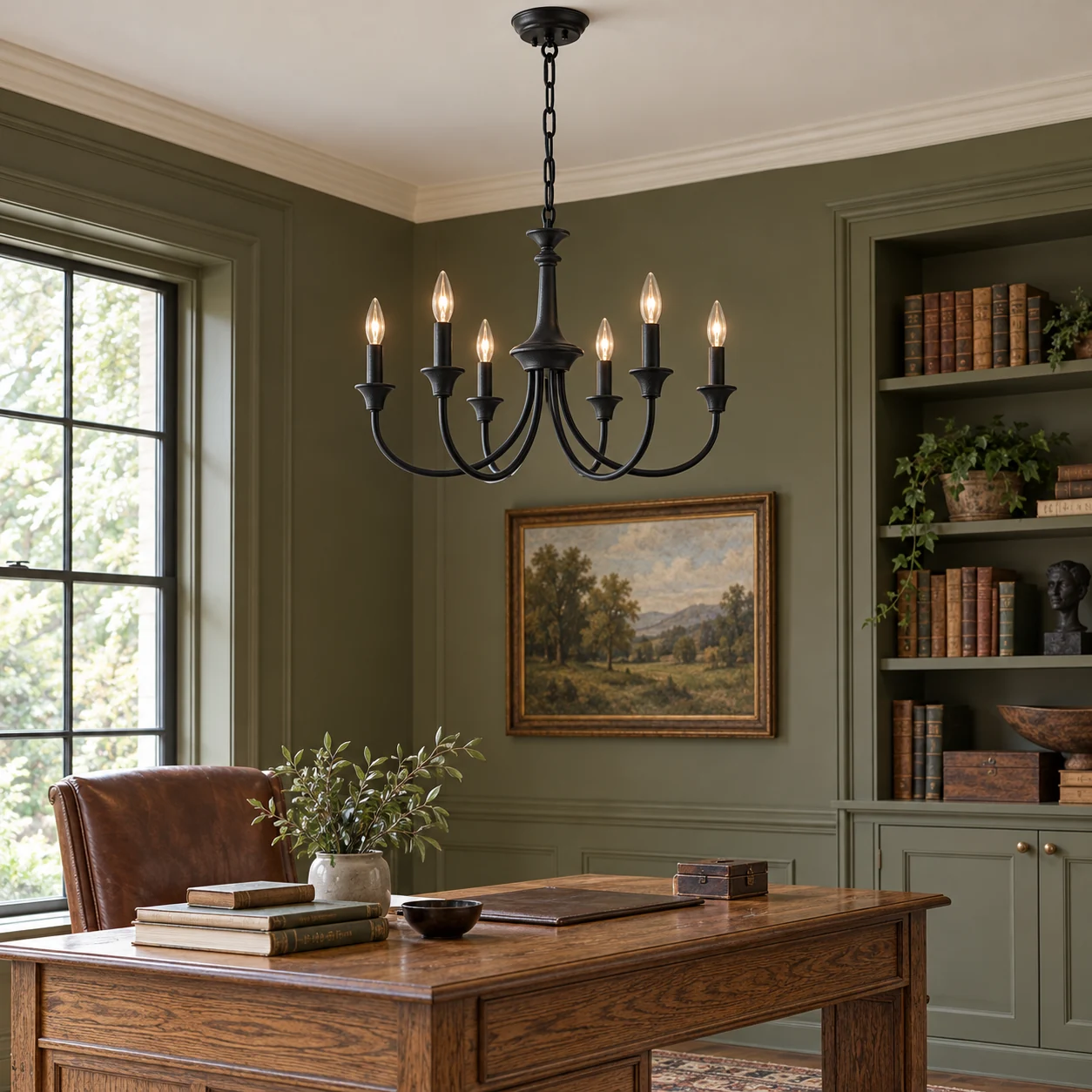 Willa Rustic Candle-Arm Wood and Iron Chandelier - scene-6-black-study