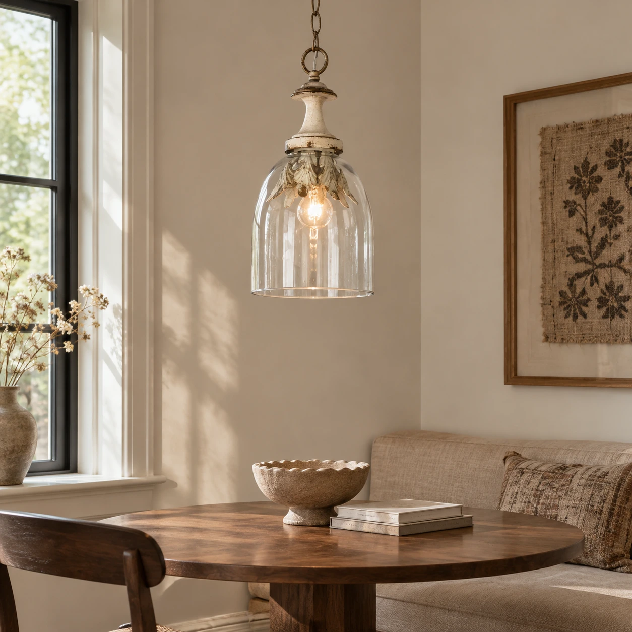 Bell-shade glass pendant in a living room
