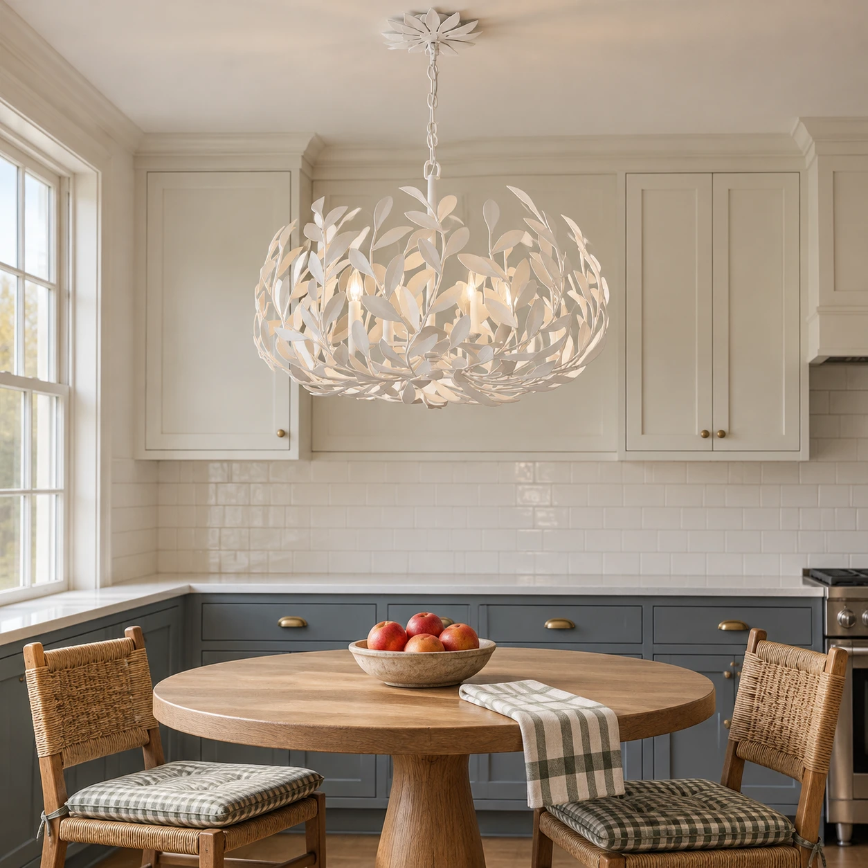 White leaf-wreath chandelier above a breakfast table