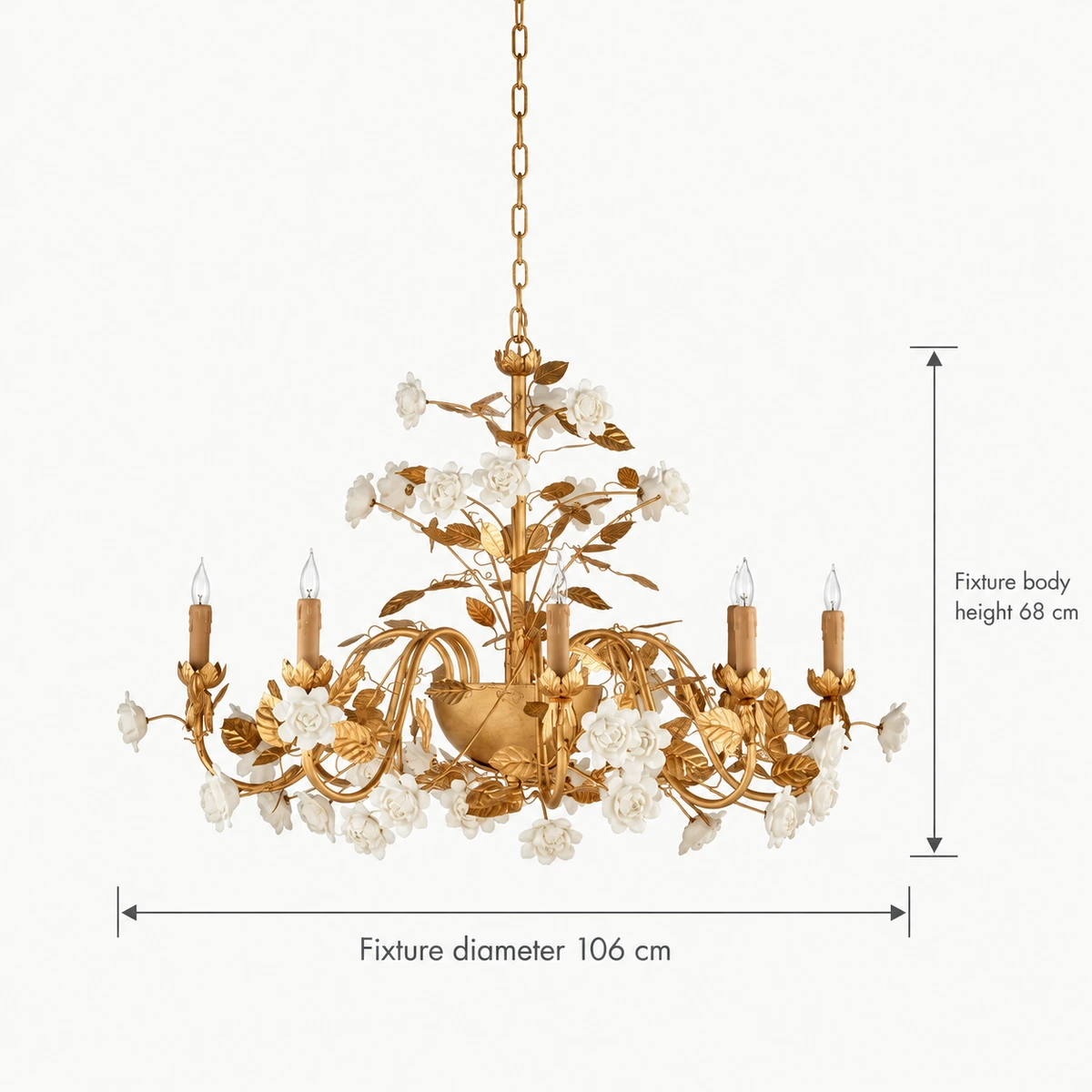 Elara chandelier dimensions: diameter 106 cm and fixture body height 68 cm