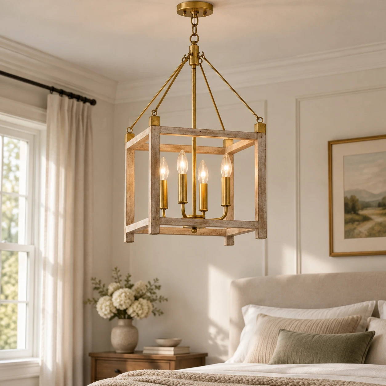 Mara French Vintage Relief Floral Ceramic Wood Pendant Light beside a bedroom bed