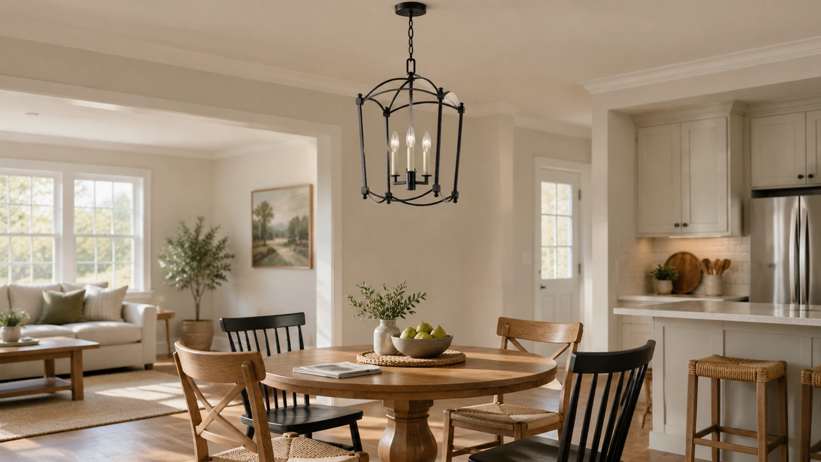 Mabel matte black birdcage chandelier in an open-plan family dining area
