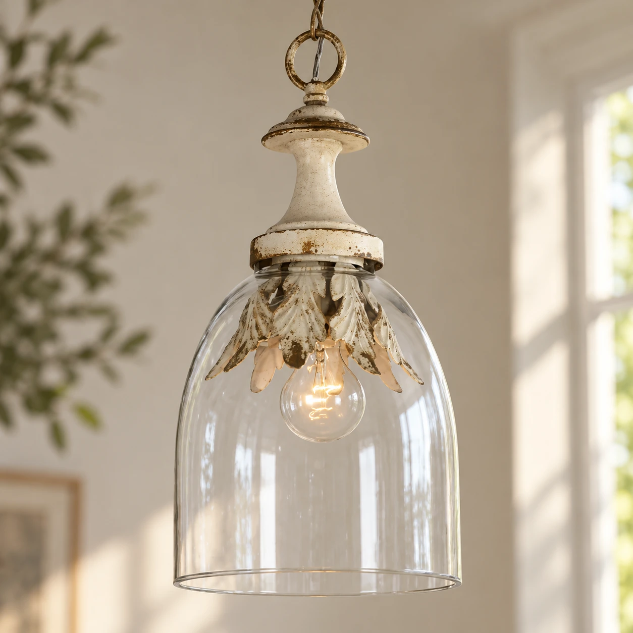 Clear bell-shaped glass shade detail