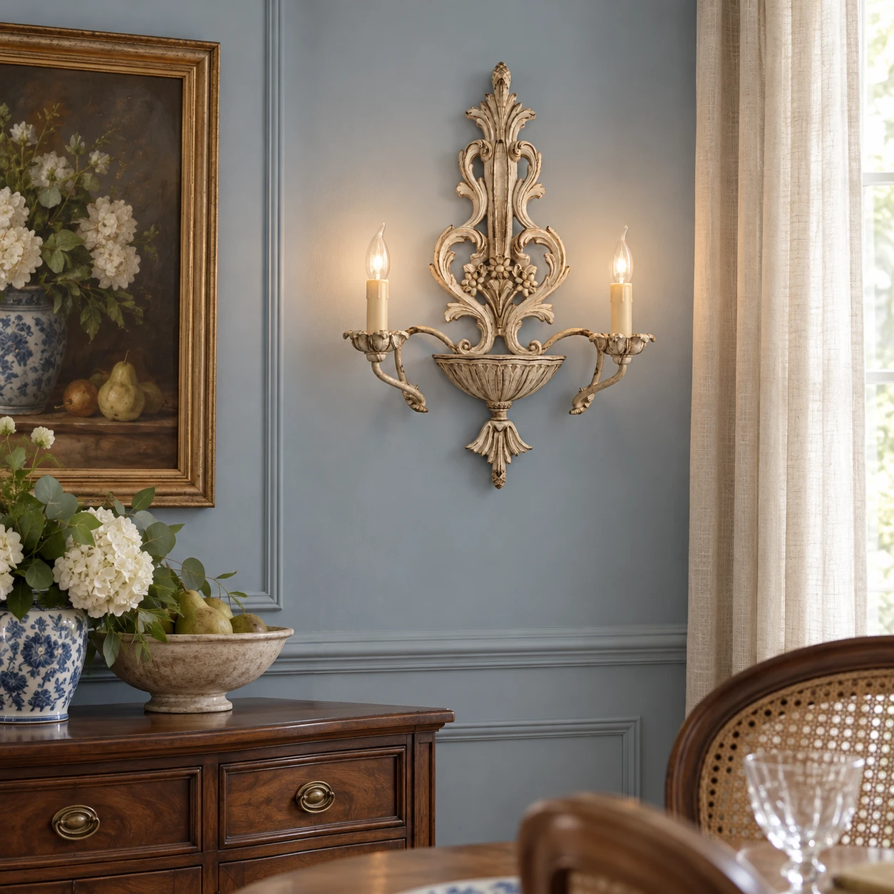Vintage Wood wall sconce installed near a dining area