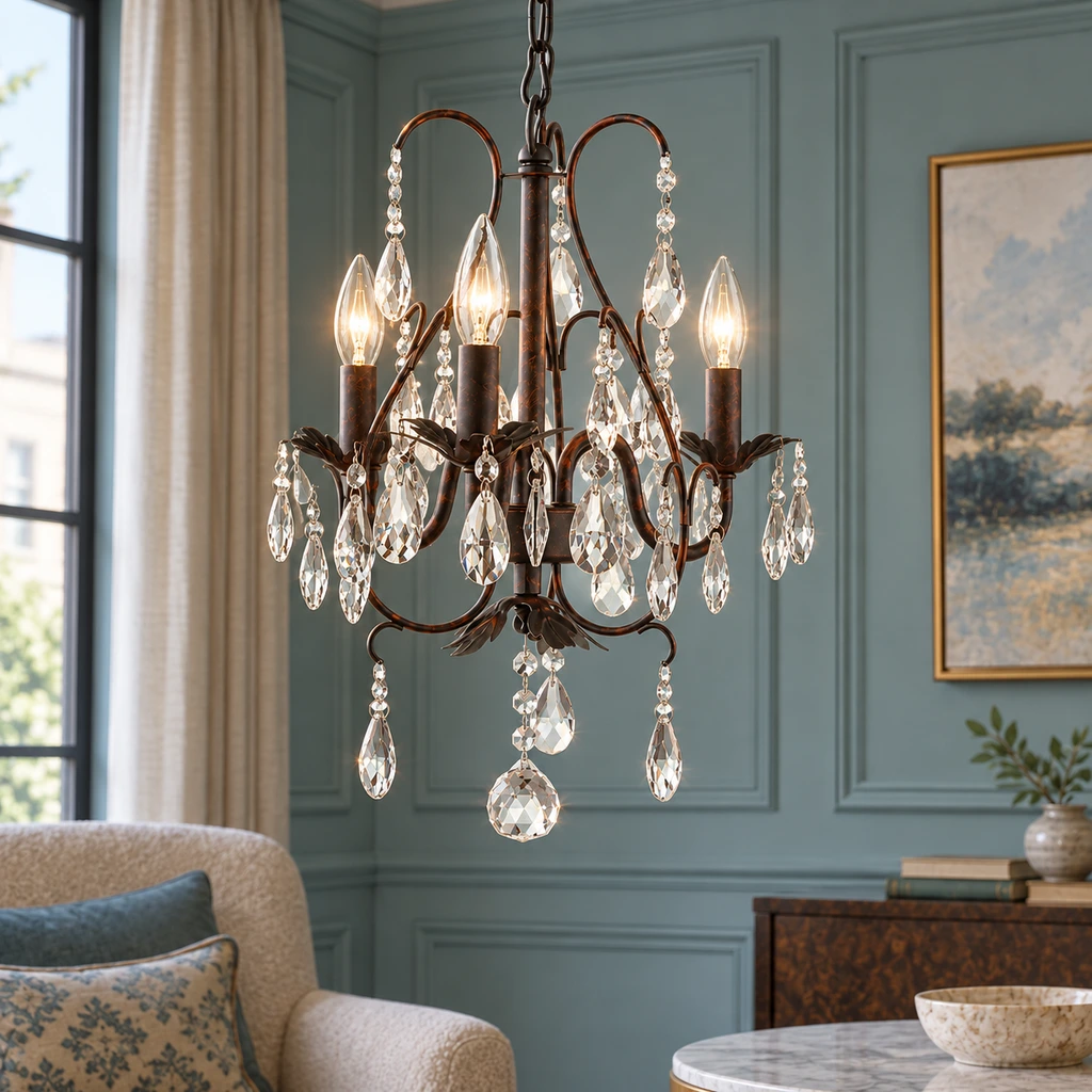 Rowan American Vintage Crystal-Drop Iron and Crystal Chandelier in boutique hotel lounge with soft blue-green paneling