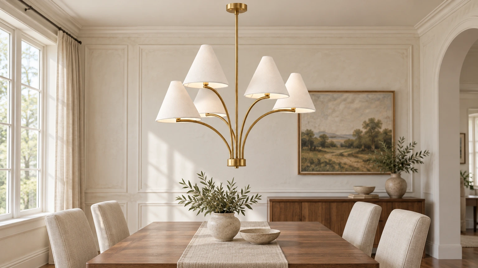 Warm brass fabric shade branch chandelier above a dining table in a bright vintage interior