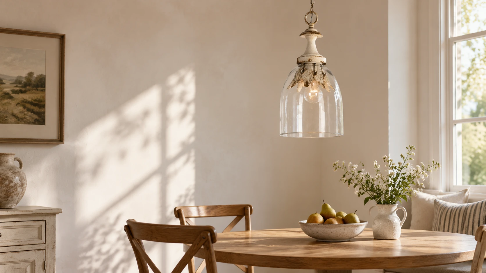 Bell-shade glass pendant above an oak breakfast table