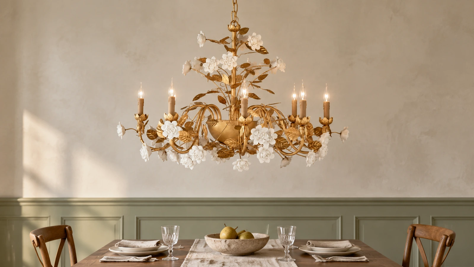 Elara floral ceramic chandelier above a French-country dining alcove