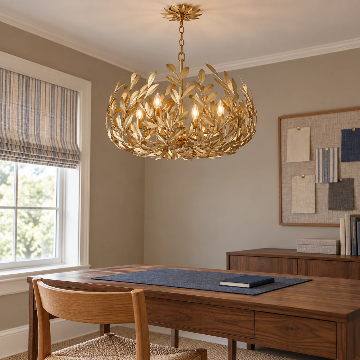 Gold leaf-wreath chandelier in a home office