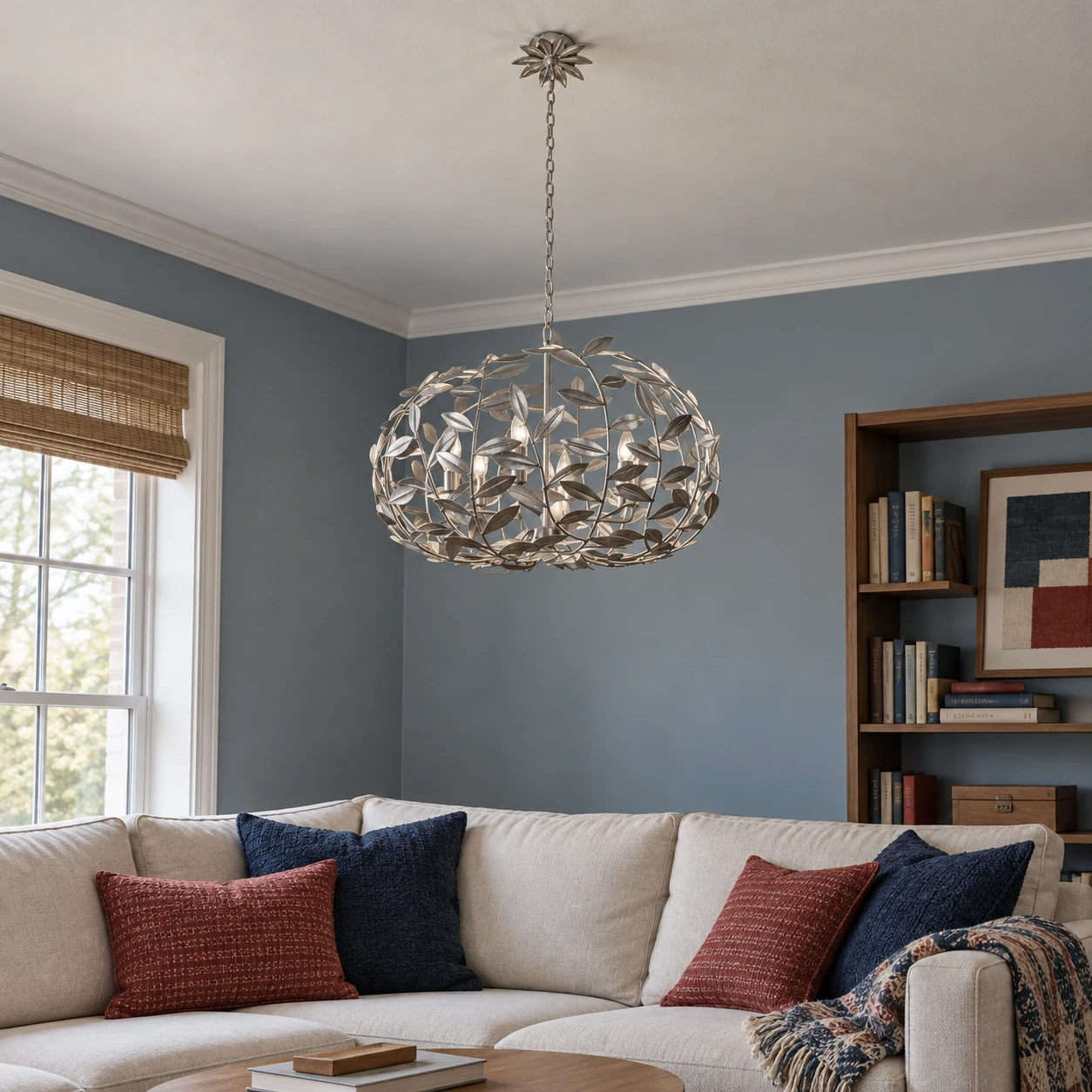 Silver leaf-wreath chandelier in a living room