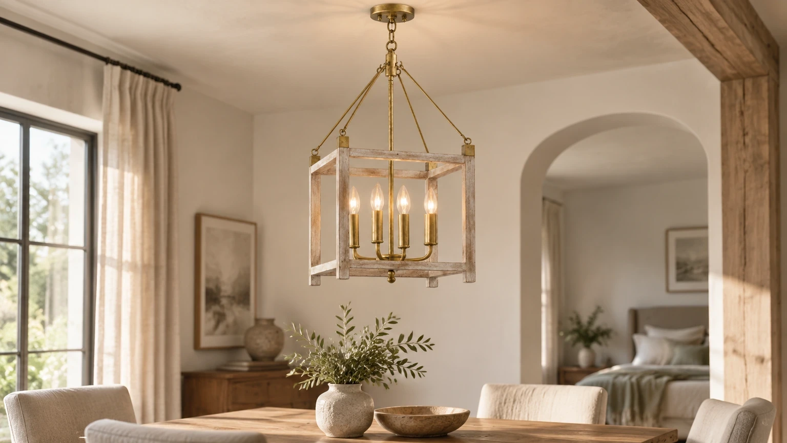 Mara French Vintage Relief Floral Ceramic Wood Pendant Light in a bright bedroom setting