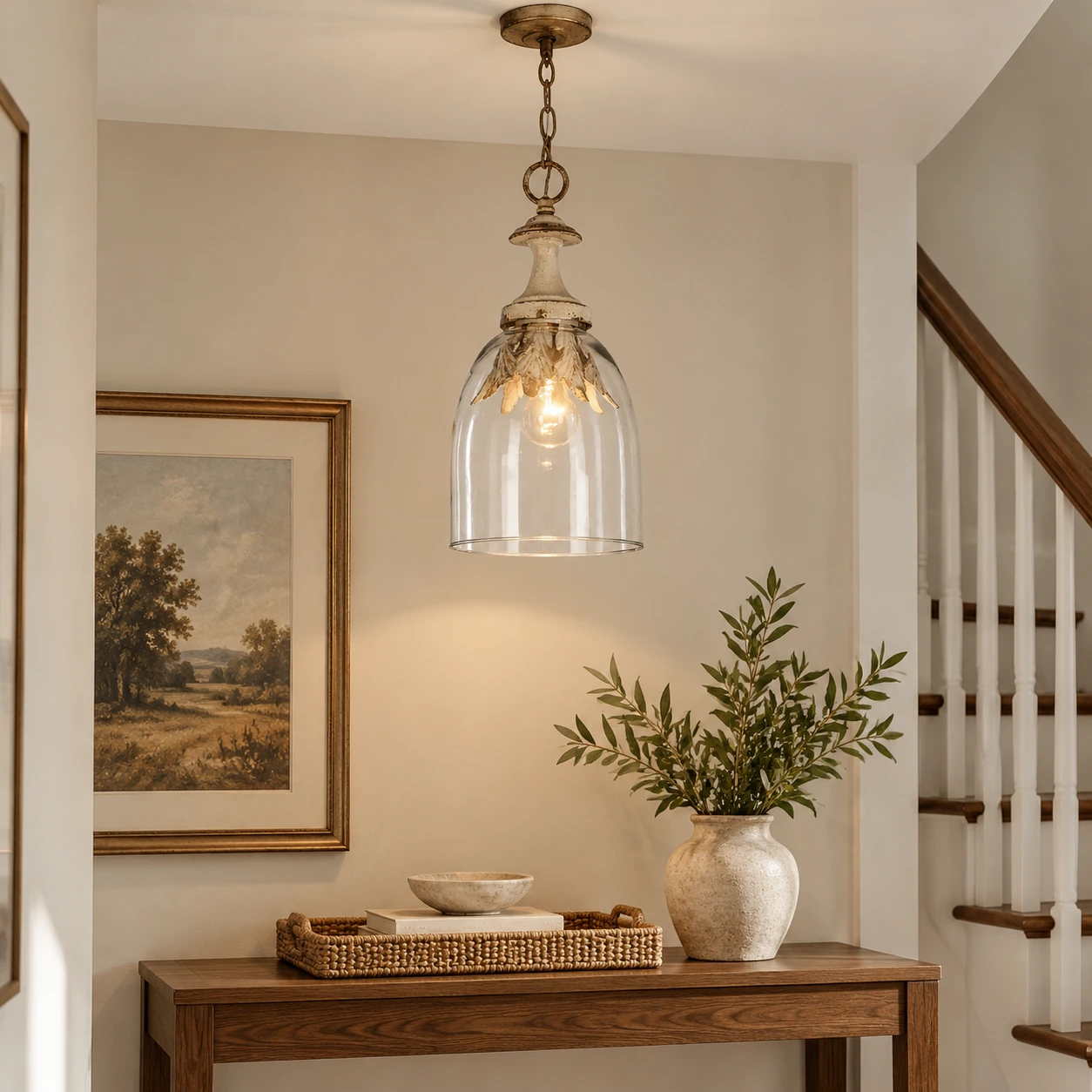 Bell-shade glass pendant in an entry landing