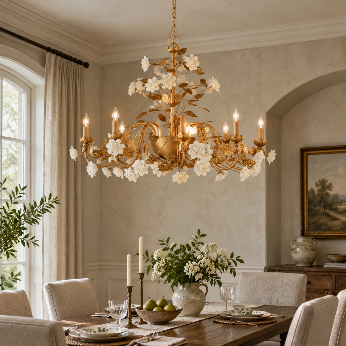 Elara floral ceramic chandelier in a formal dining room