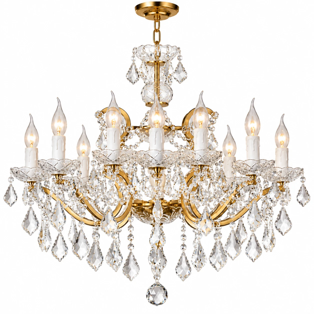Close view of the Aurelia 12-Light crystal tier and candle sleeves