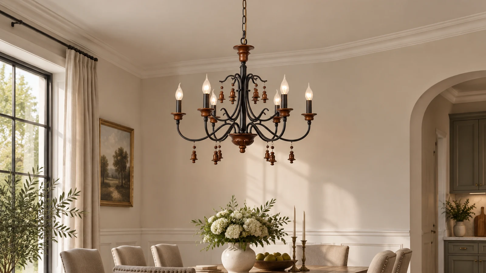 Clara rustic six-light wood and iron chandelier above an American dining table