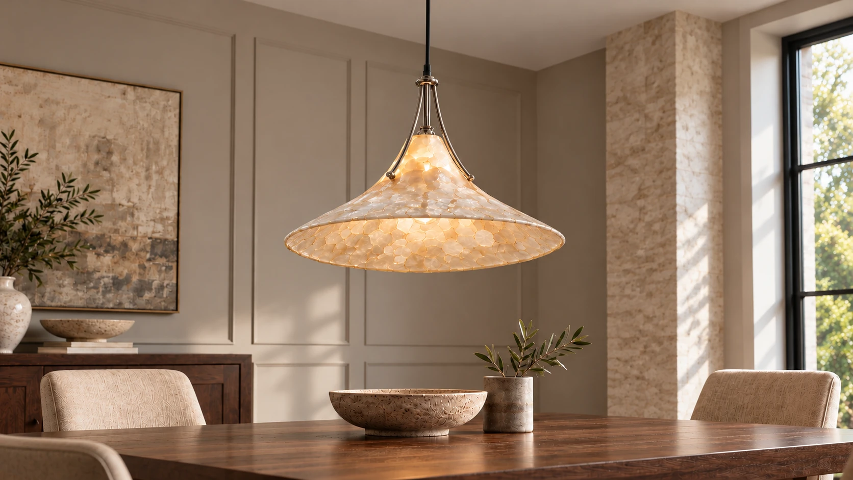 Maeve shell pendant installed over a dining table