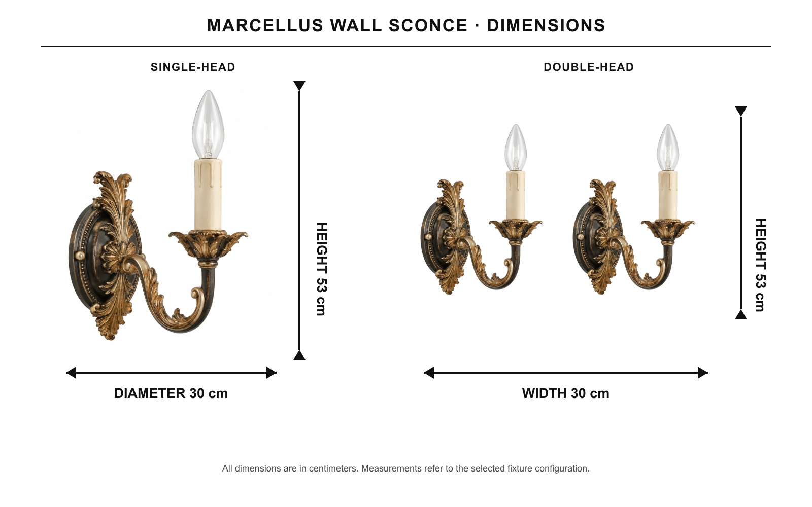 Marcellus wall sconce dimension graphic showing single-head and double-head measurements