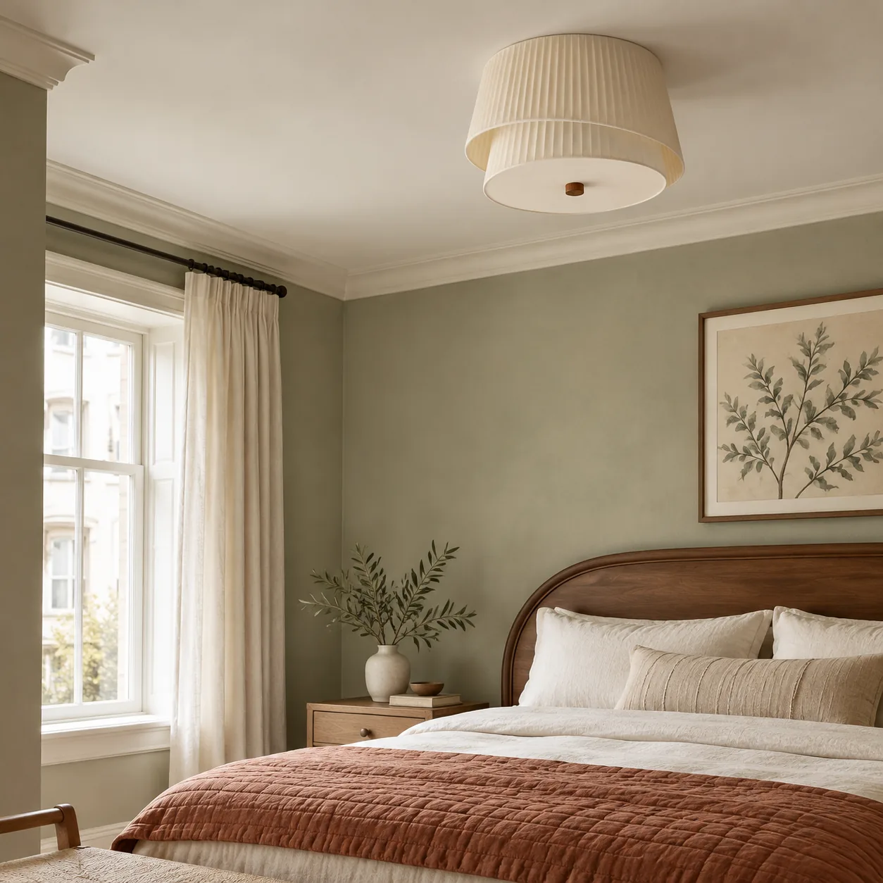 40 cm cream fabric ceiling light in a layered bedroom