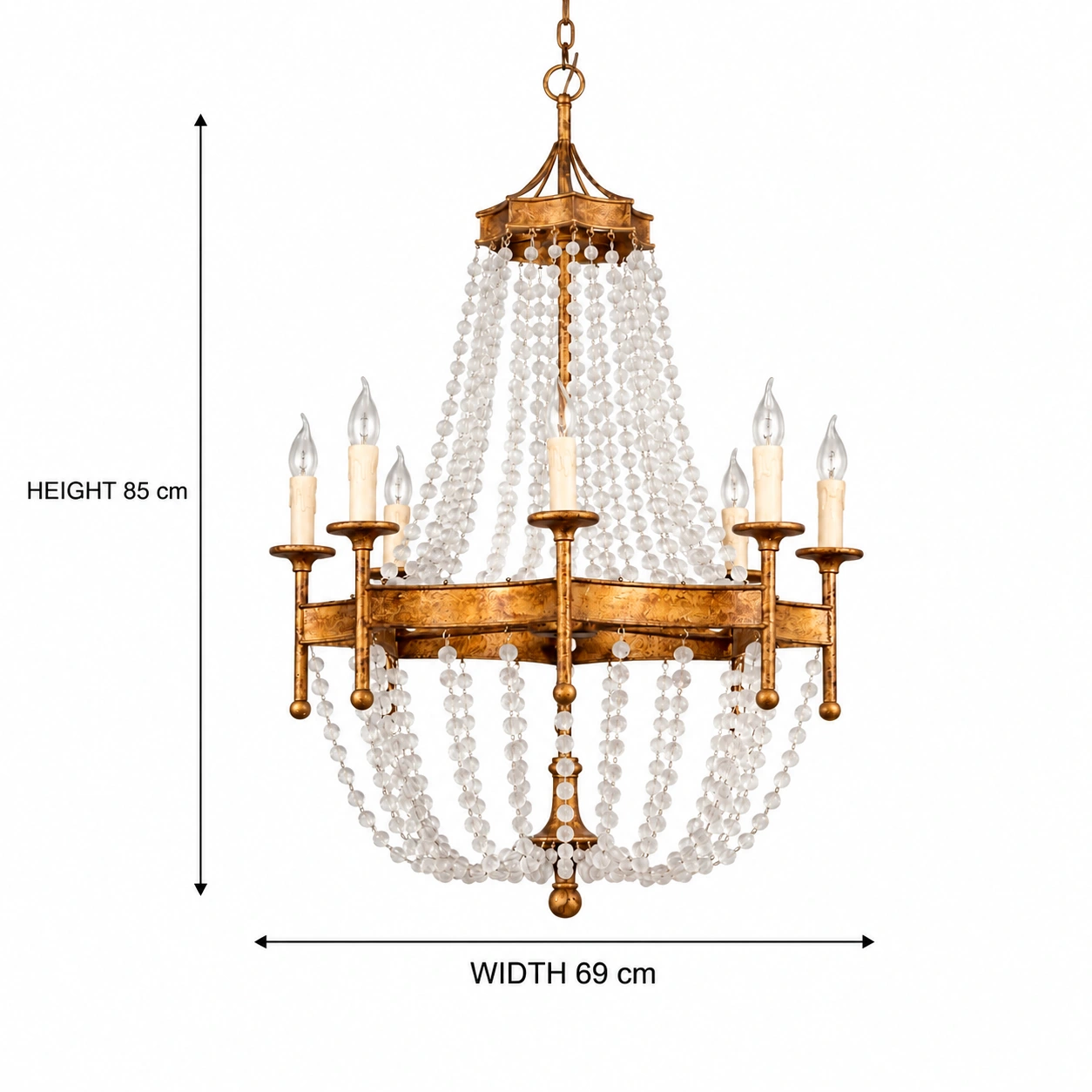 Chandelier height 85 centimeters and width 69 centimeters