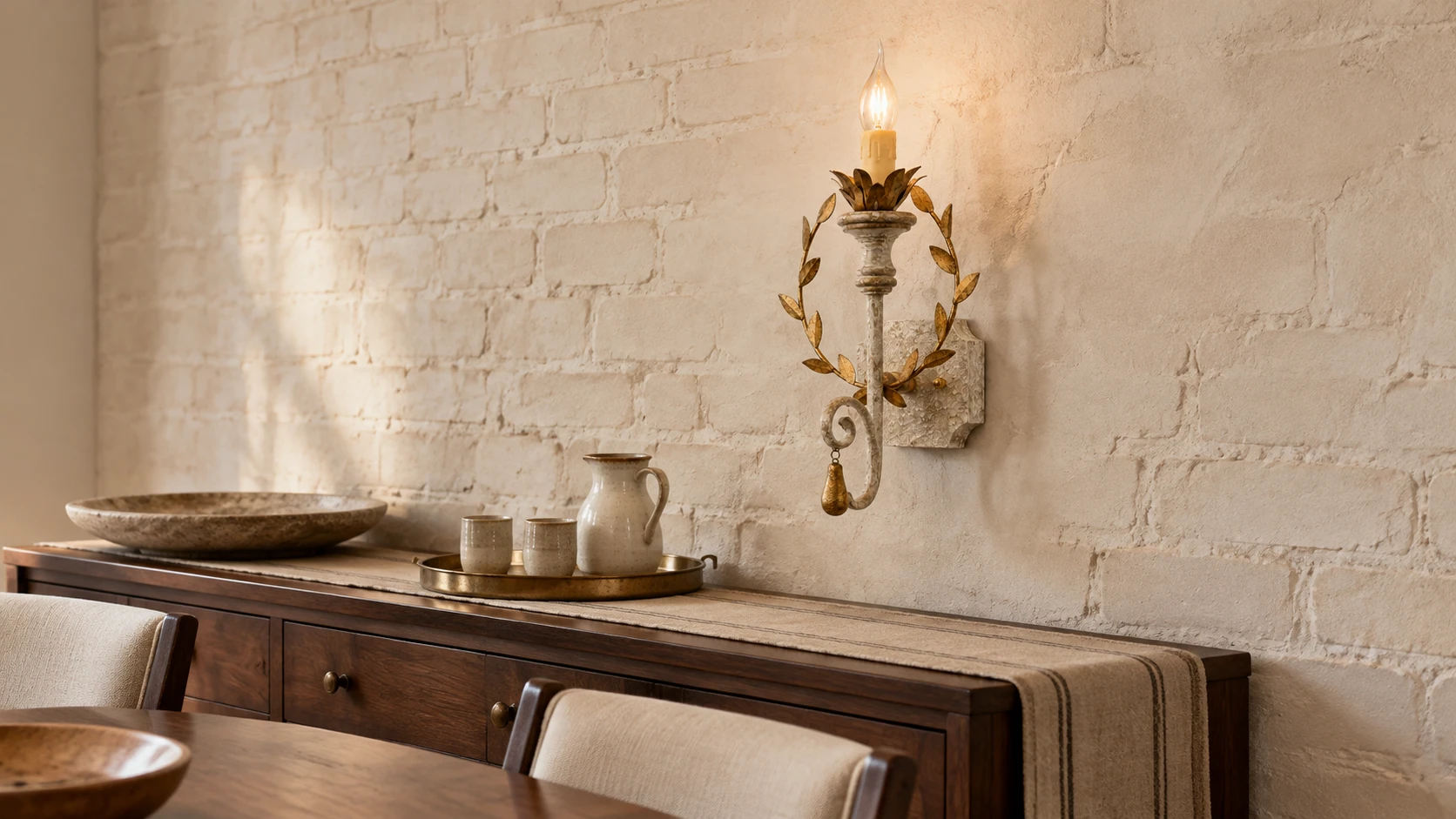 Nora leaf-wreath wall sconce above a walnut sideboard in an American rustic dining nook