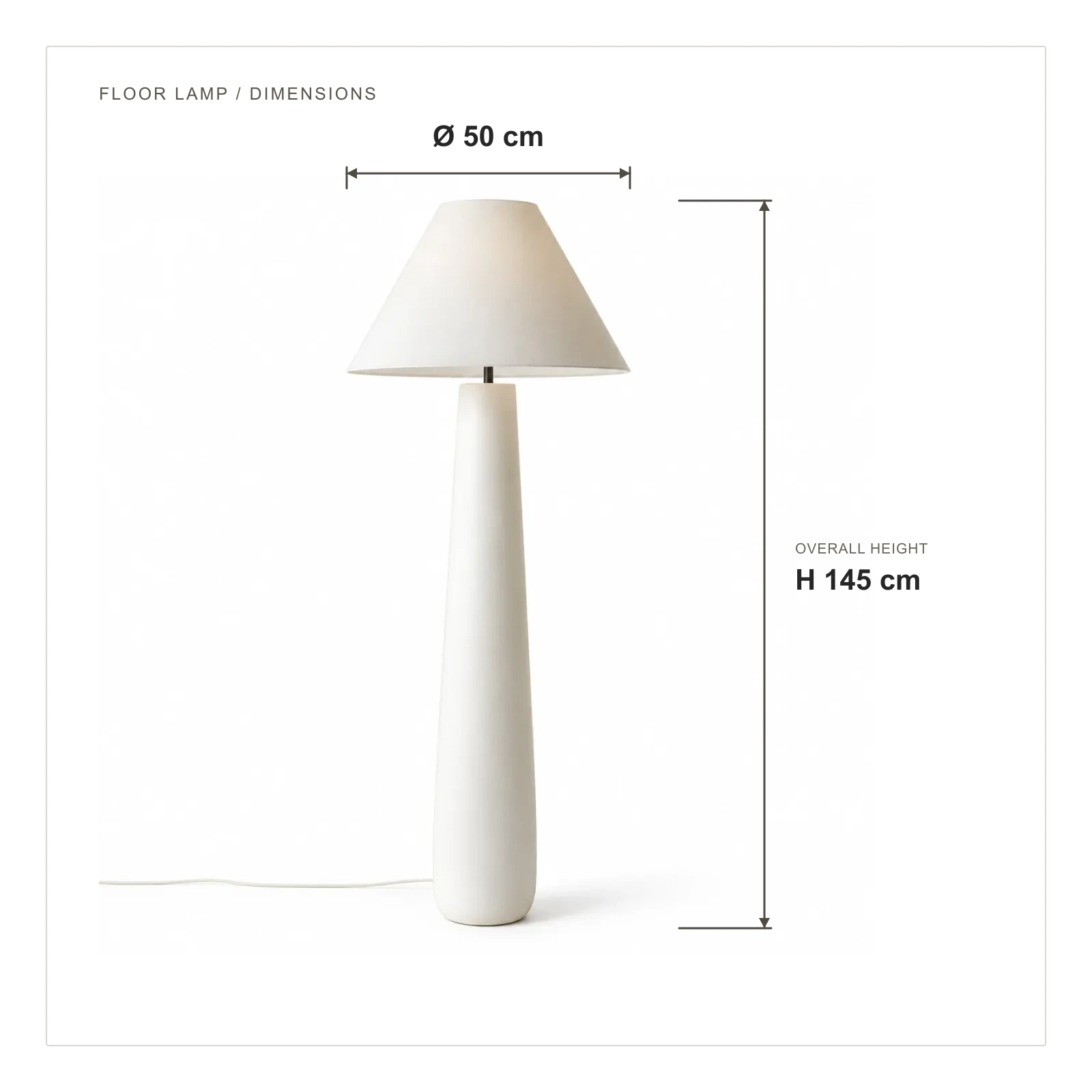 Floor lamp dimensions: shade diameter 50 centimetres, overall height 145 centimetres