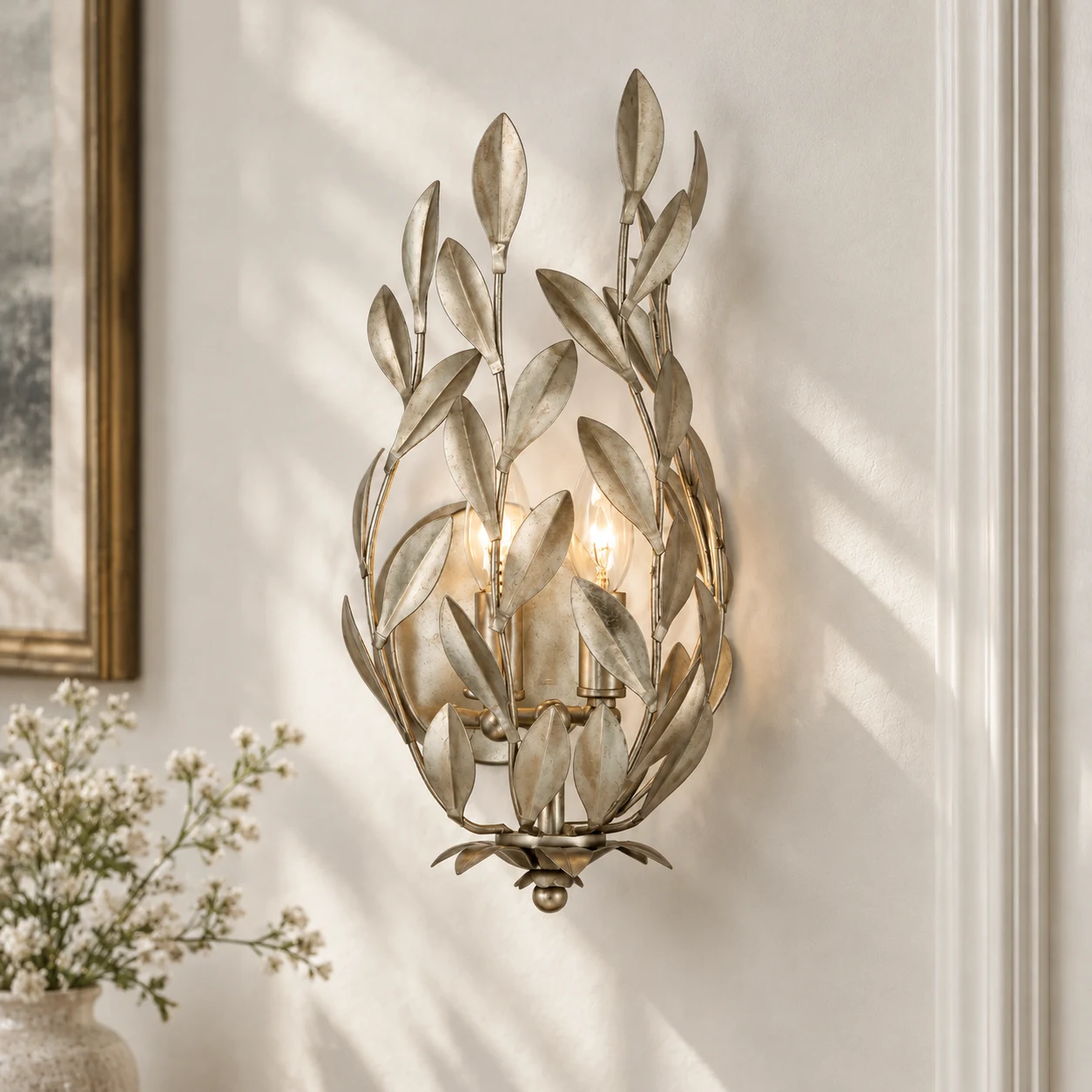 Close view of Elise's layered silver leaf iron branches